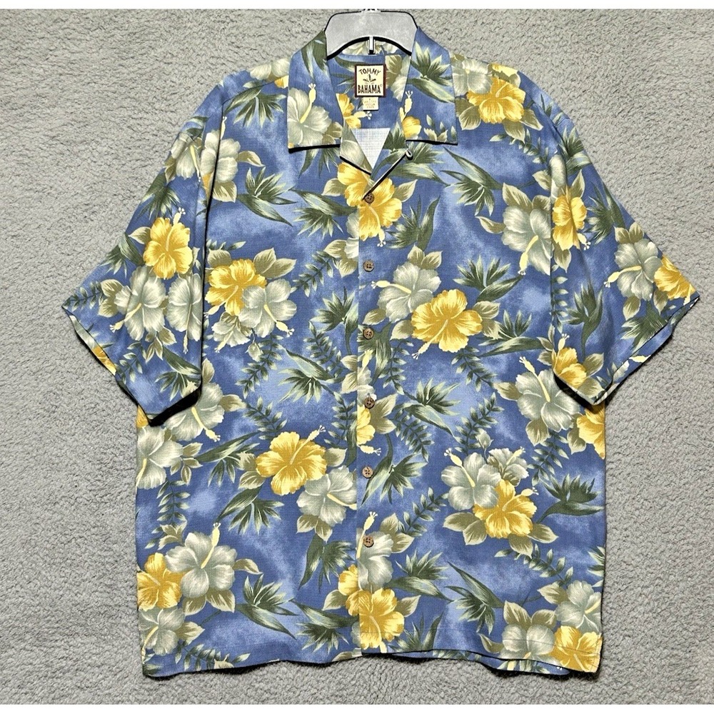 Vintage Tommy Bahama Shirt Mens Sz L Floral 100% Silk Hawaiian Loop Collar ooo
